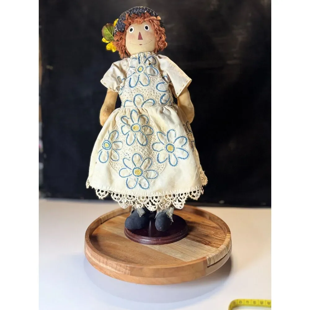 Vtg Judy Hutchins Primitive Prairie Rag Doll Signed Handmade Folk Art  Stand 14